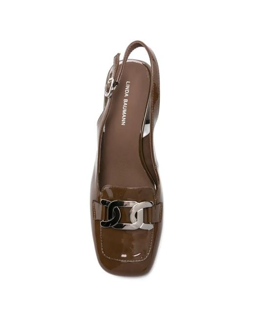 Linda Baumann Brown Patent-Finish Slingback Pumps