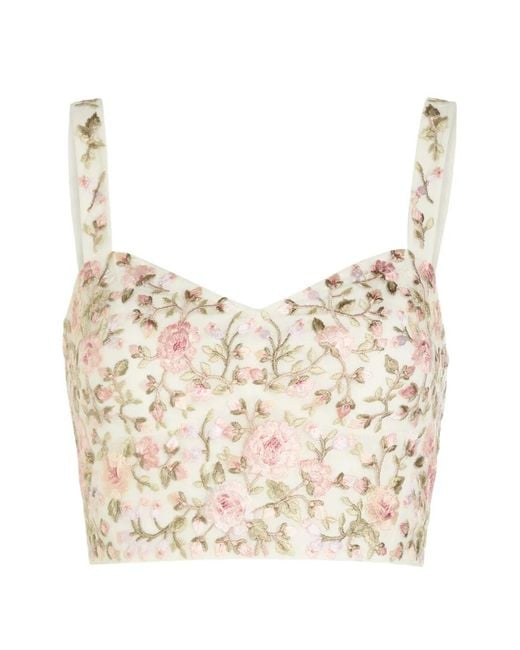 Needle & Thread Natural Floral-Embroidered Mesh Crop Top