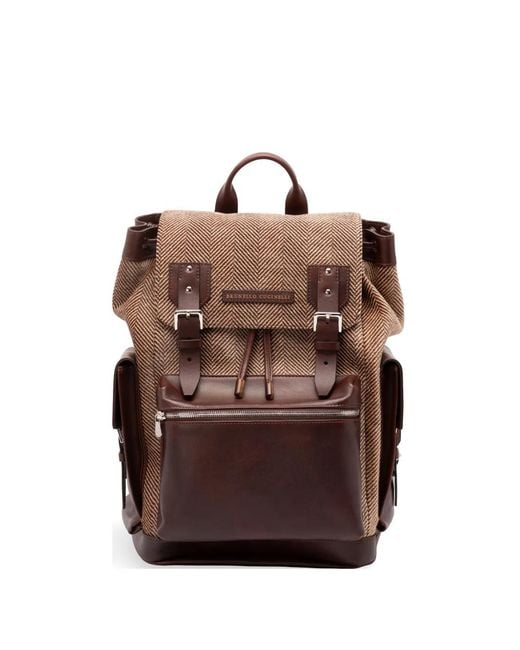 Brunello Cucinelli Brown Herringbone-Pattern Buckle-Fastening Backpack for men