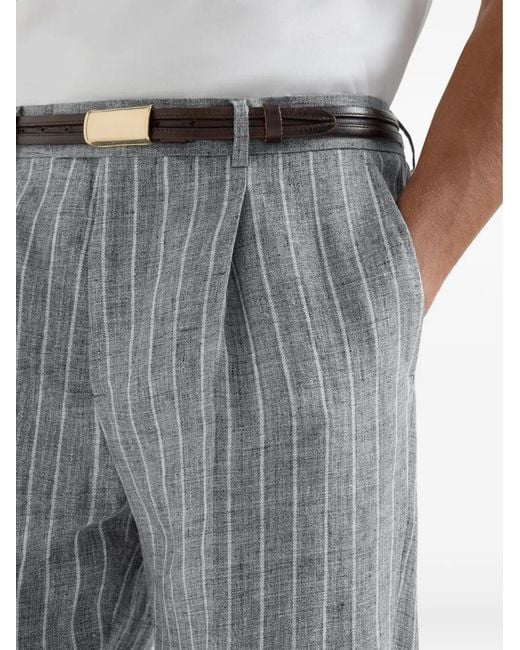 Brunello Cucinelli Gray Chalk-Stripe Linen Twill Trousers With Pleat for men