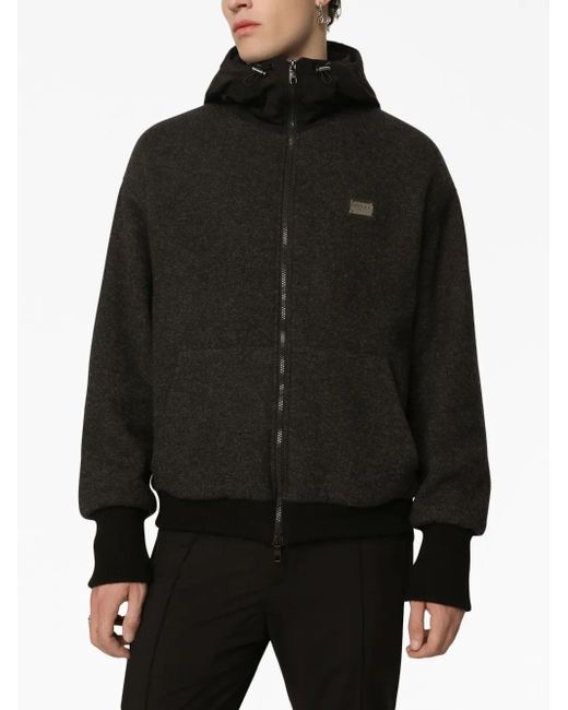 Dolce & Gabbana Black Wool Jersey Jacket With Hood And Logo for men