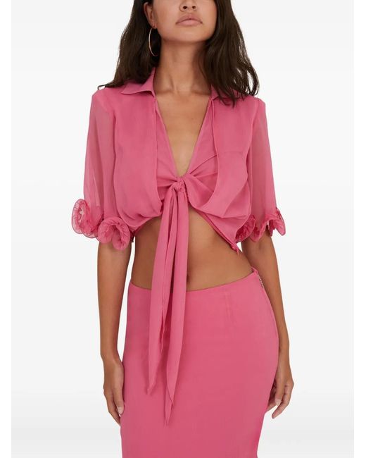 ROTATE BIRGER CHRISTENSEN Pink Ruffled Cropped Blouse