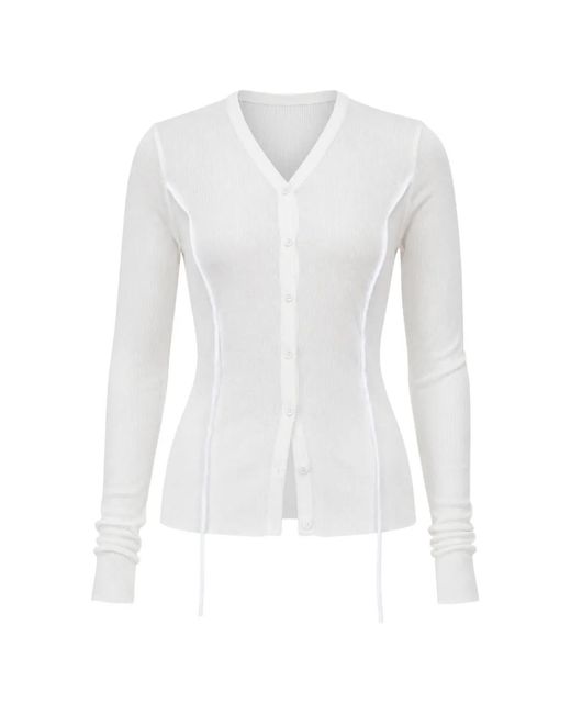 Masnada White V-Neck Chiffon-Insert Cardigan