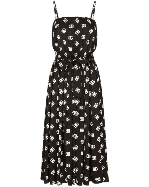Dolce & Gabbana Black Dg Print Pleated Dress