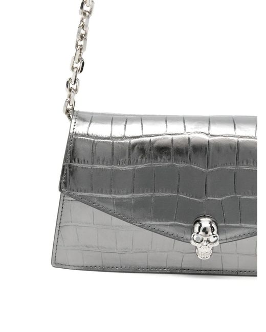 McQueen White Mini Skull Croc-Effect Shoulder Bag