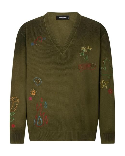 DSquared² Green Handmade Scribbles V-Neck Pullover Sweater for men