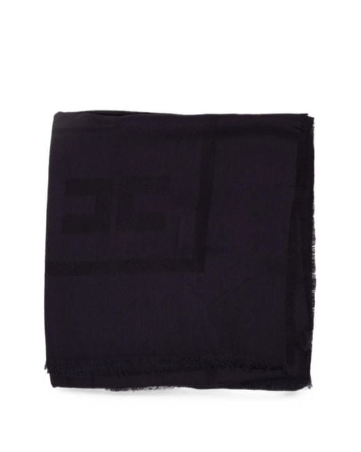 Elisabetta Franchi Blue Logo-Jacquard Frayed Scarf