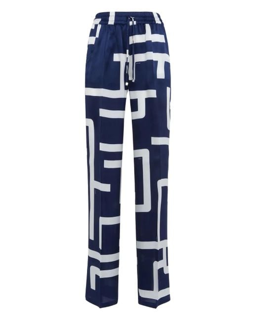 Kiton Blue Geometric-Print Silk Trousers