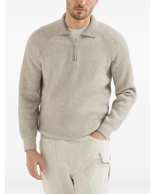Brunello Cucinelli White Half-Zip Sweater for men