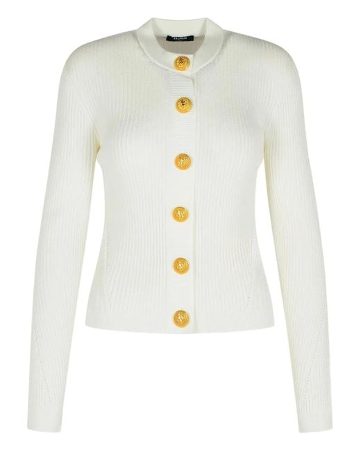 Balmain White Ribbed Button-Down Cardigan