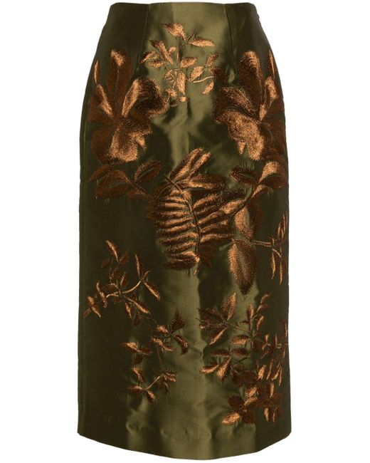 Biyan Green Floral-embroidered Satin Midi Skirt