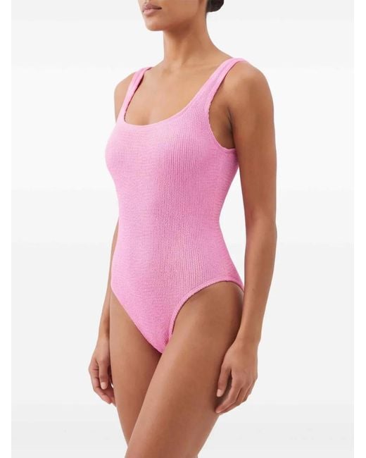 Hunza G Pink Crinkle-Effect Square-Neck Swimsuit