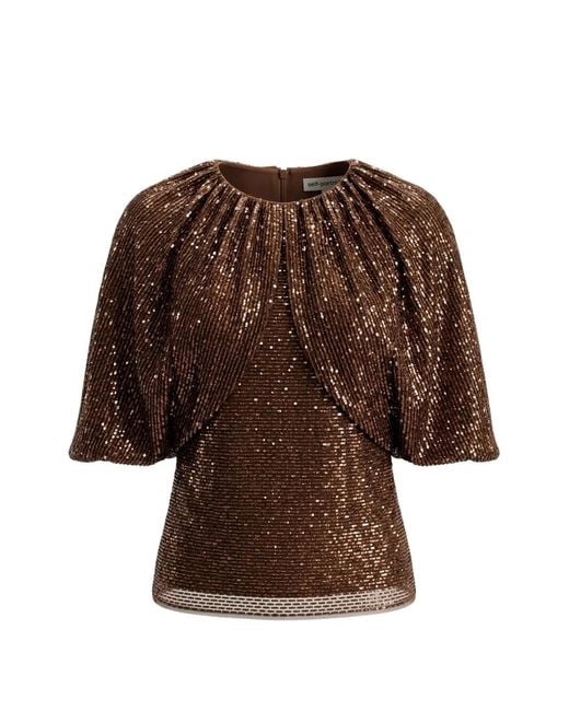 Self-Portrait Brown Sequin-Embellished Cape-Sleeve Top