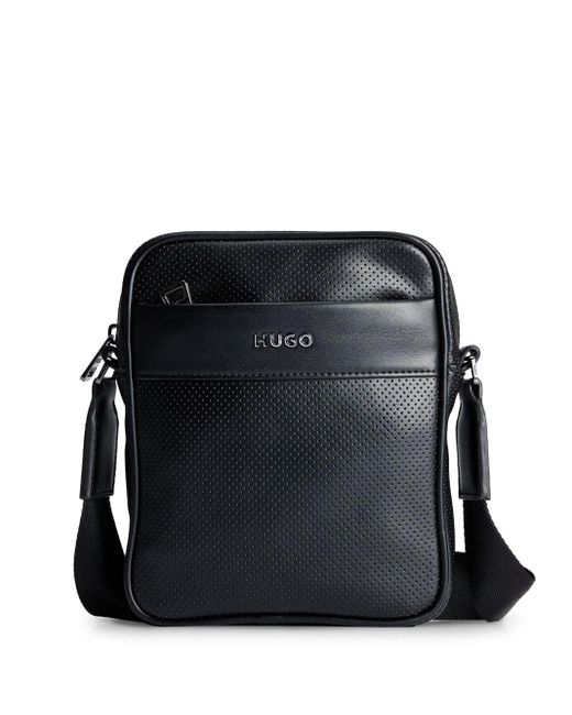 HUGO Black Logo-plaque Faux-leather Messenger Bag for men