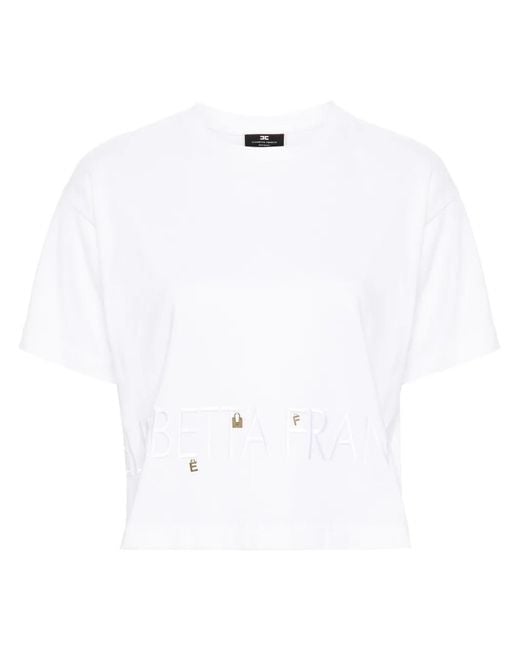 Elisabetta Franchi White Logo-Embroidered Cotton T-Shirt