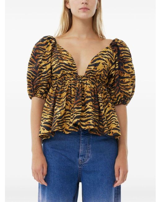 Ganni Natural Ausgestellte Bio-Baumwoll-Bluse mit Tiger-Print