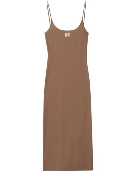 Abito Midi Con Stampa di Miu Miu in Brown