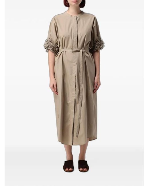 MEIMEIJ Natural Fringed-Sleeve Belted Dress