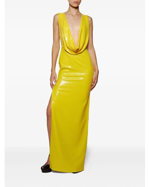 Alex Perry Yellow Cowl-Neck Sequin-Embellished Maxi Dress