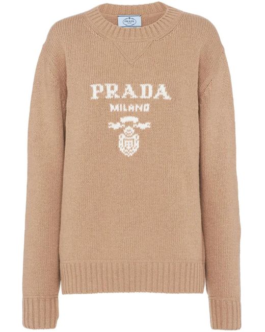 Prada Natural Crew-neck Logo Intarsia Knit Jumper