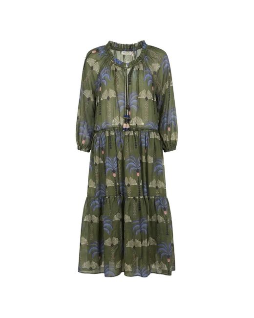 Anjuna Green Caterina Palm-Print Tiered Dress