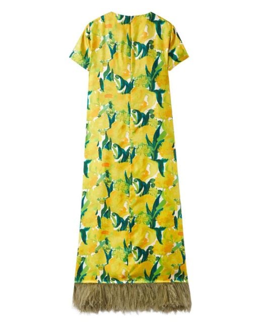 LaDoubleJ Yellow Swing Floral-Print Feather-Hem Maxi Dress