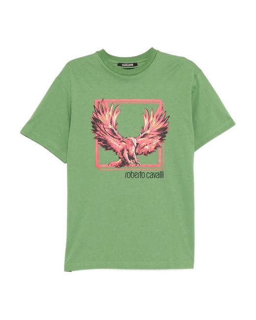 Roberto Cavalli Green Graphic-Print Cotton T-Shirt for men