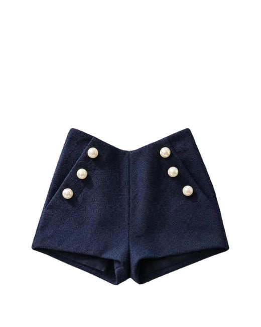 Edward Achour Paris Blue Faux-Pearl Embellished Tweed Shorts