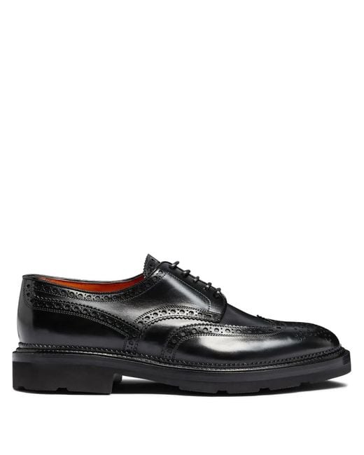 Santoni Black Brogue-Detailing Leather Derby Shoes for men