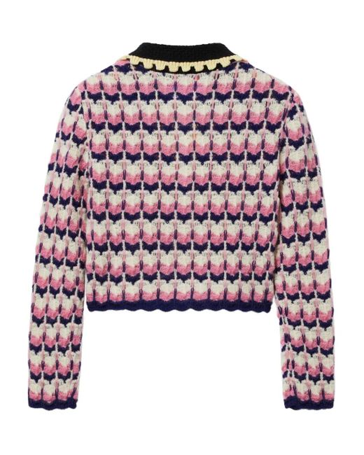LaDoubleJ Red Crochet-Trimmed Geometric-Pattern Sweater