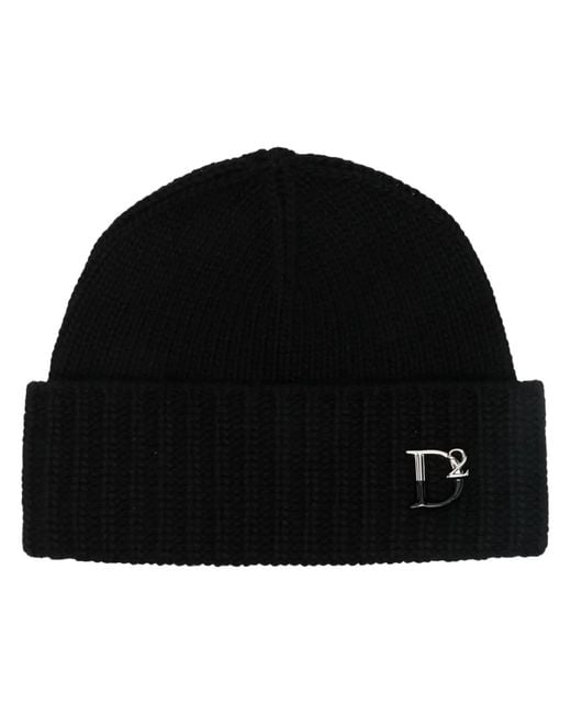 DSquared² Black Monogram-Plaque Knitted Beanie