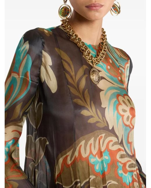 Etro Black Pleated Floral-Print Mini Dress