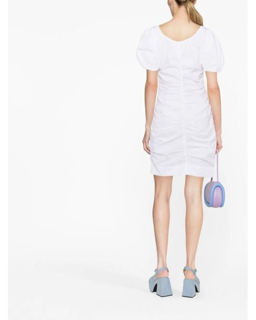 Ganni White Ruched Puff-Sleeve Minidress