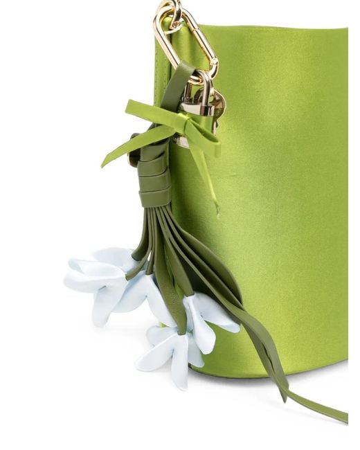 Self-Portrait Green Floral-Charm Satin Bucket Bag