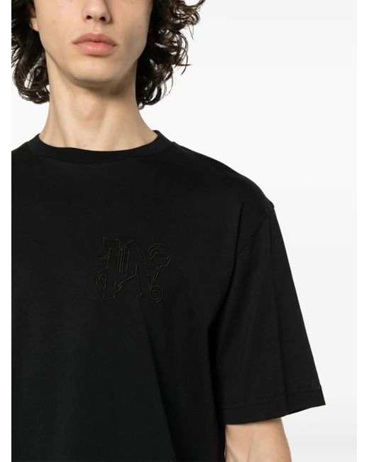 Palm Angels Black Monogram-embroidered Cotton T-shirt for men