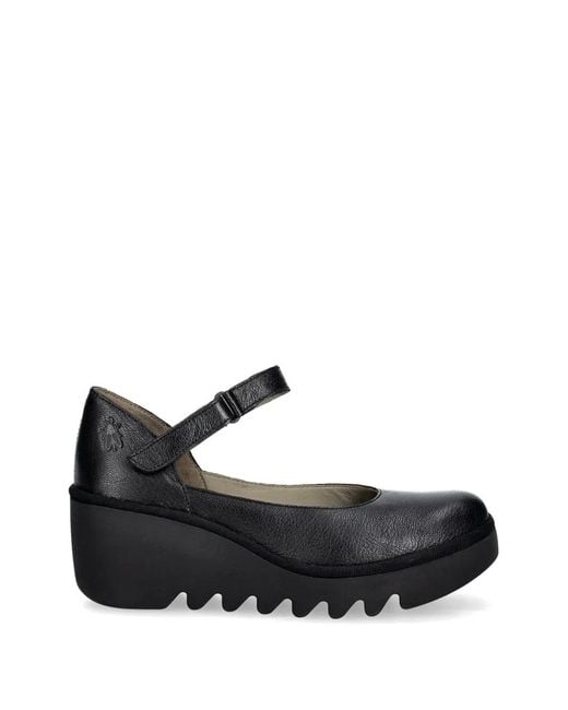 Fly London Black Wedge-Heel Touch-Strap Pumps