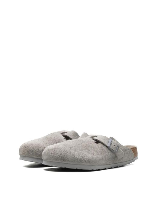 Birkenstock White Boston Soft Footbed Suede Slippers