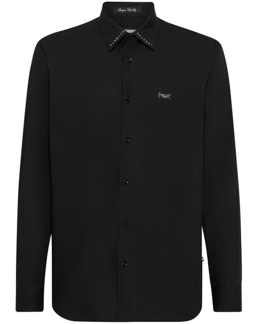 Philipp Plein Black Studded Poplin Long-Sleeve Shirt for men