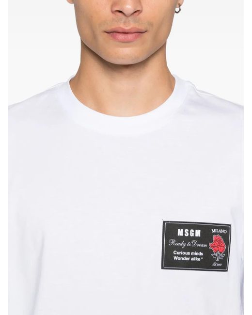 MSGM White Cotton T-Shirt With Front Printed Logo for men