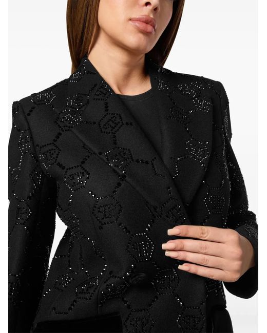 Philipp Plein Black Monogram Crystal Double-Breasted Coat