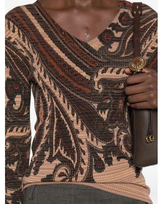 Etro Brown Paisley-Print V-Neck Sweater