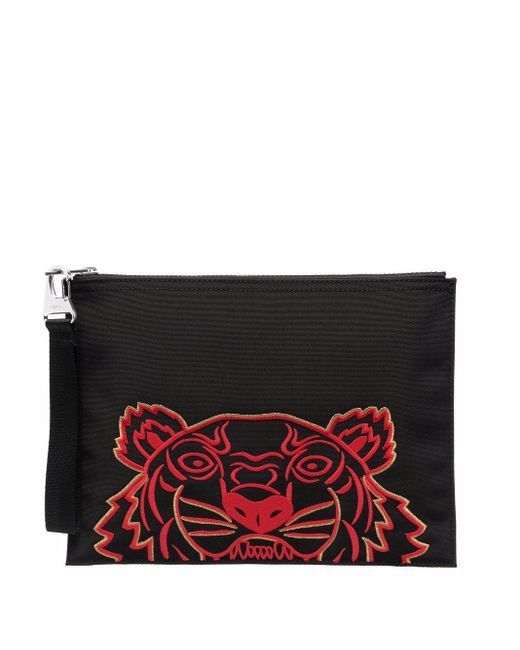 KENZO Black Embroidered-tiger Clutch Bag for men