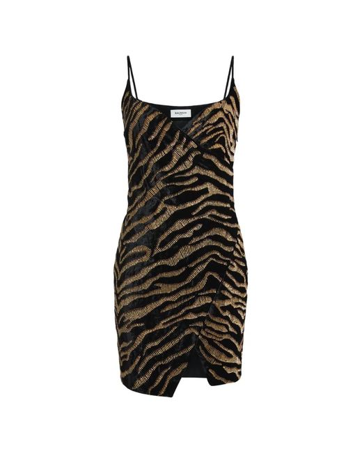 Balmain Multicolor Sleeveless Tiger Embroidered Velvet Mini Wrap Dress