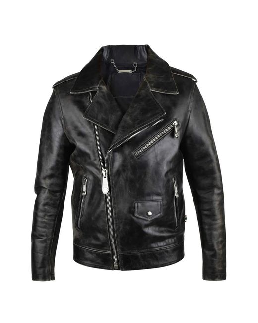 Philipp Plein Black Leather Biker Jacket for men