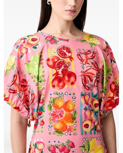 Never Fully Dressed Red Fruit-Print Puff-Sleeve Cotton Midi Dress