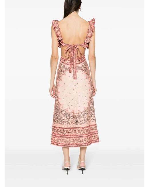 Zimmermann Pink Ruffled Paisley-print Linen Midi Dress