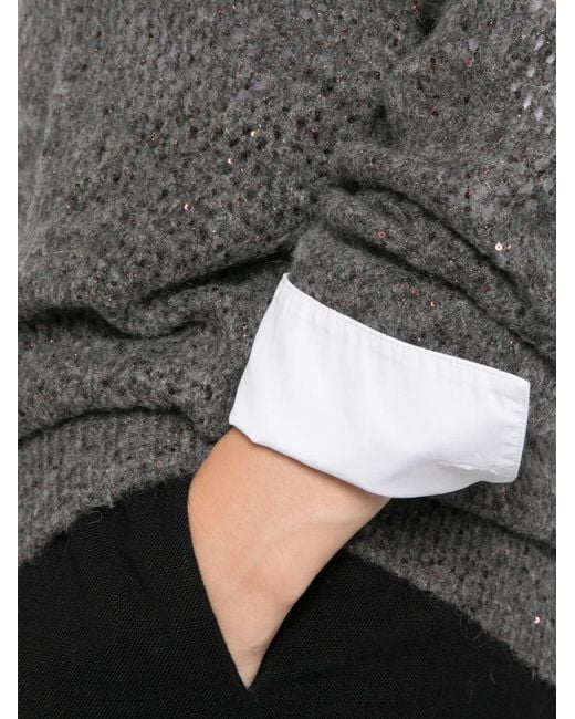 Brunello Cucinelli Gray Sequin-Embellished Open-Knit Sweater