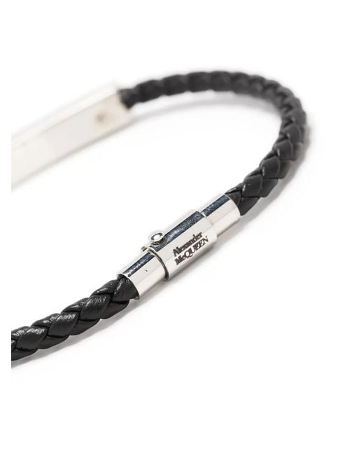 Alexander McQueen Black Graffiti Leather-Braided Bracelet for men