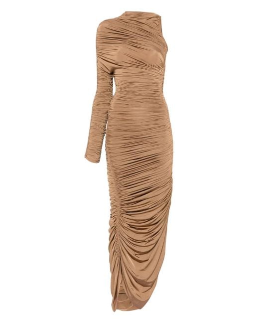Mugler Natural Asymmetric Ruched Maxi Dress