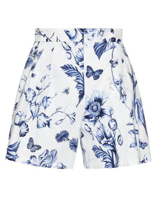 Oscar de la Renta Blue Floral-Print High-Waisted Shorts